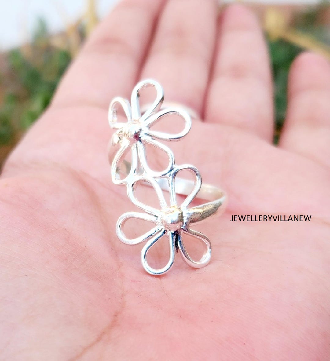 Allen Rings Flower Handmade Sterling Silver Flower Ring - Adjustable Boho Statement Ring ...