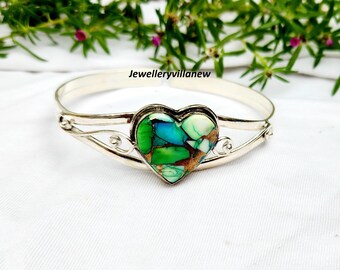 Turquoise Heart Bangle: Green Dahlia, 925 Sterling Silver, Boho Cuff
