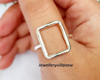 Handgjord öppen rektangulär ring: Hamrad 925 sterlingsilver, minimalistisk stapelring