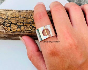 Anillo ancho de plata de ley 925 hecho a mano: estilo bohemio hippie.
