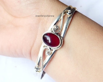 Handmade Red Garnet Sterling Silver Bangle: Boho Adjustable Gemstone Bracelet