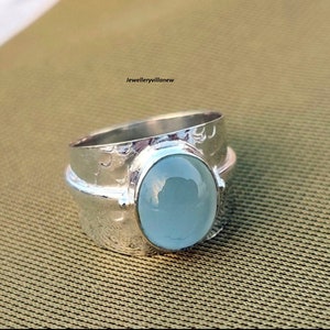 Aqua Chalcedony Ring, 925 Sterling Silver Ring, Wedding Ring, Silver Band Ring, Engagement Ring, Gift for Her, Halloween Jewelry.