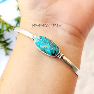 Blue Copper Turquoise Bangle: Handmade 925 Sterling Silver Boho Jewelry