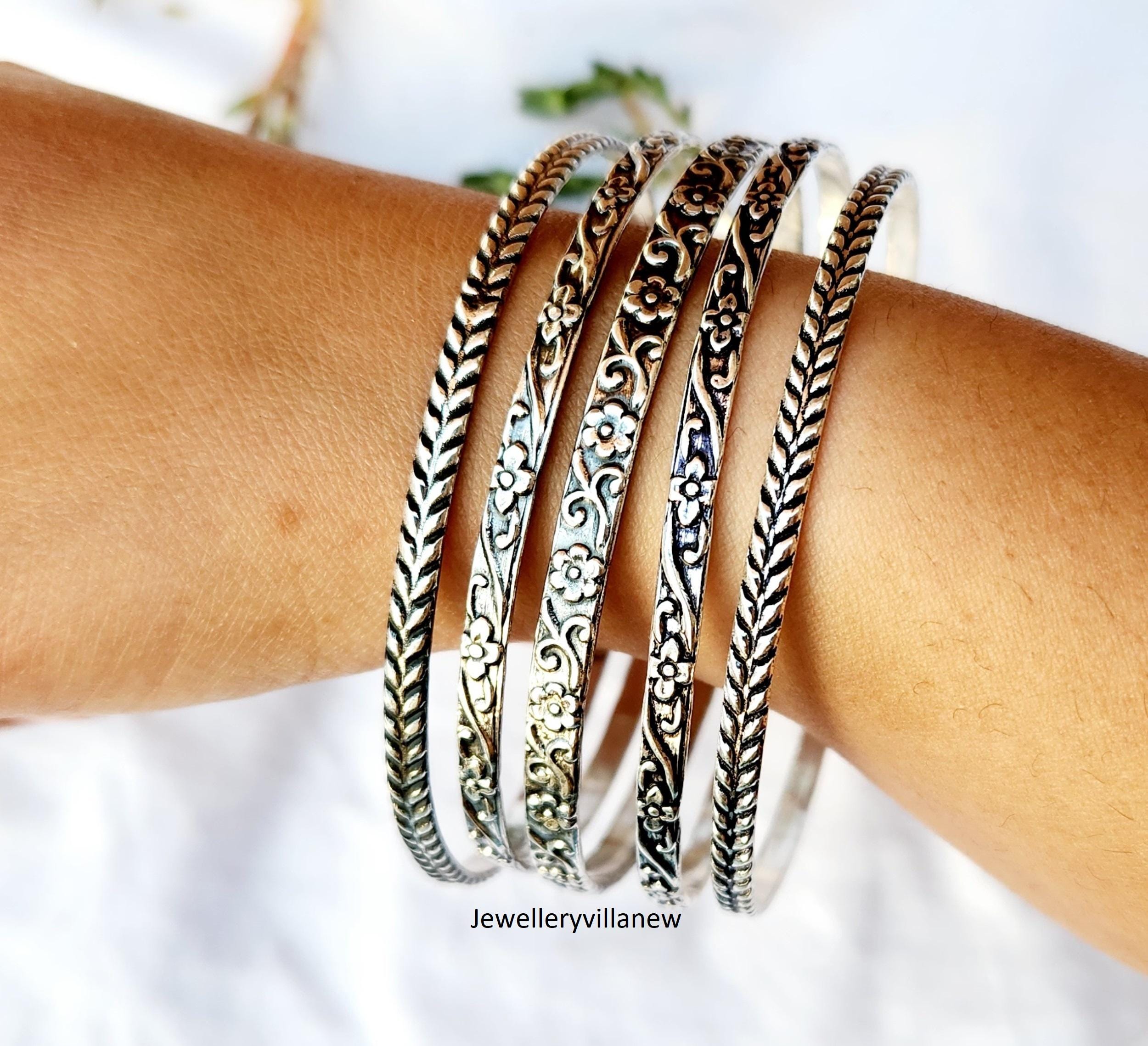 Handmade Sterling Silver Bangle Set: Boho Floral Bangles - Etsy