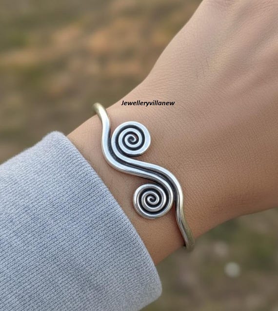 Sterling Silver Spiral Cuff Bracelet, Handmade Adjustable Bangle