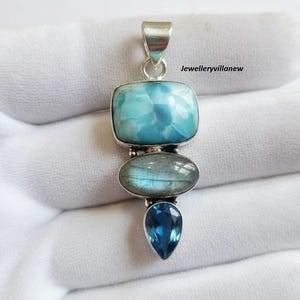 Colgante de plata de ley 925 con larimar, labradorita y topacio azul