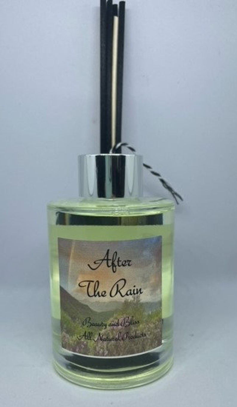 Peut inclure: Une bouteille en verre transparente avec un couvercle argent&eacute; et des roseaux noirs et blancs. La bouteille contient un liquide jaune et porte une &eacute;tiquette sur laquelle est inscrit "After The Rain" avec un arc-en-ciel et une sc&egrave;ne de paysage. L'&eacute;tiquette indique &eacute;galement "Beauty and Bliss All Natural Products".