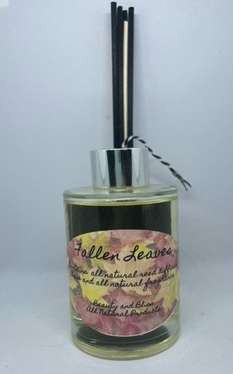 Peut inclure: Une bouteille en verre transparente avec un bouchon argent&eacute; et des roseaux noirs et blancs. La bouteille contient un liquide fonc&eacute; et porte une &eacute;tiquette sur laquelle est inscrit "Fallen Leaves" et "Beauty and Bliss All Natural Products".