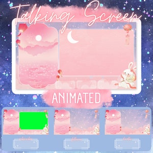 Könnte beinhalten: Animiertes Twitch-Overlay mit einem rosa-blauen Farbschema. Das Overlay zeigt einen Mond, Wolken und ein Kaninchen, das eine Laterne hält. Der Text "Talking Screen" befindet sich oben auf dem Overlay. Der Text "Animated" befindet sich unter dem Hauptbild. Unter dem Hauptbild befinden sich vier kleinere Panels, die mit "Chat", "Subscribers", "Followers" und "Donators" beschriftet sind.