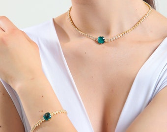 Emerald Choker, Swarovski and Zircon Crystal Necklace, Party Necklace, Gold Plated Necklace, Statement Choker, Wedding Jewelry, Gift for Her