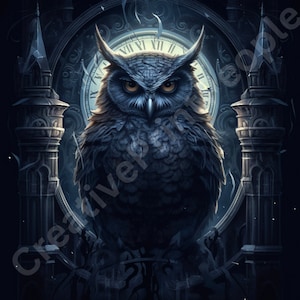 Owl Clock Art, Owl Tattoo Inspiration Art, Gothic Owl Art, Horror Owl Art, Horror Art, Scary Artwork, Night Owl Art, Printable Owl Art