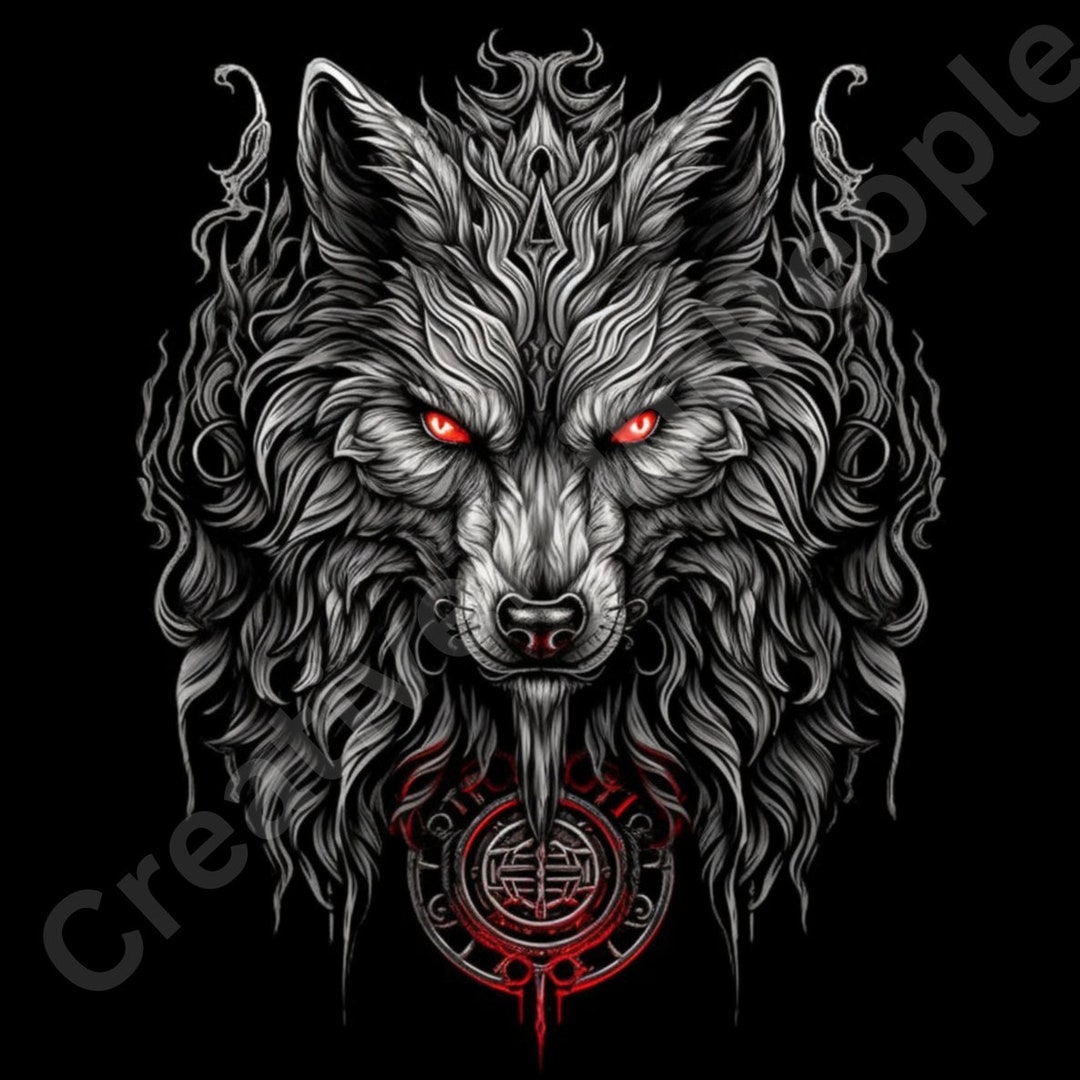 Gothic Wolf Art, Red Eye Wolf Artwork, Printable Wolf Art, Wolf Portrait Artwork, Horror Wolf