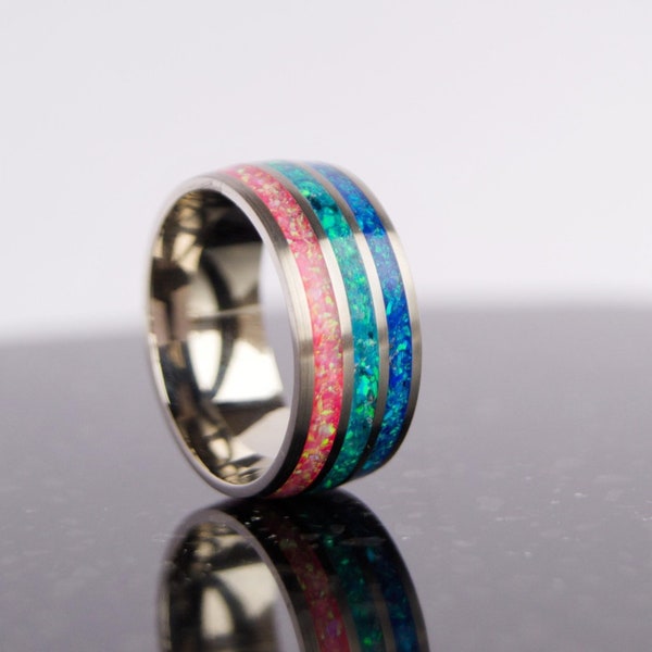 Triple channel titanium core with multicoloured crushed opals / 10mm in width and various sizes / Men's or women's ring, gift.