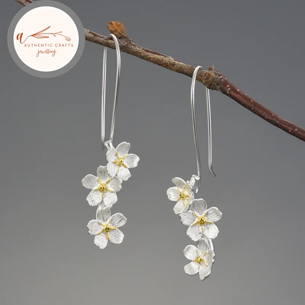 Authentic "Forget-me-not" Flower Long Dangle Earring for Women, 100% Real 925 Sterling Silver +18K Gold, Fine Jewellery Female Gift for Her