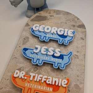 May include: Three blue and orange dog-shaped name tags with white lettering. The top tag reads "Georgie Nurse", the middle tag reads "Jess Veterinary Nurse", and the bottom tag reads "Dr. Tiffanie Veterinarian".