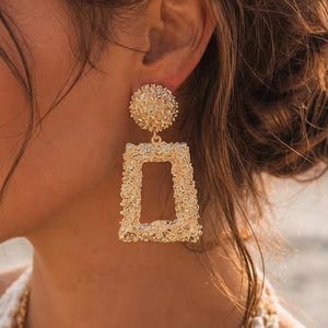 Gold Clip On Earrings, Chunky Statement Earrings, Textured Geometric Dangle Earrings, Non Pierced Clip Earrings, Boho Chic Jewelry