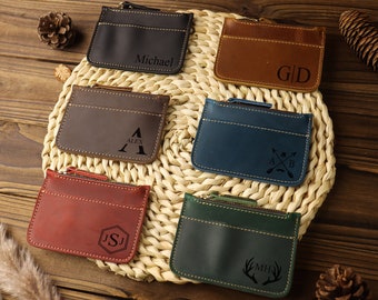 Personalized Slim Leather Wallet, Minimalist Card Holder, Zipper Coin Pouch