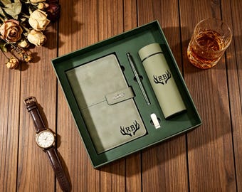 Juego de cuaderno de cuero grabado a medida con bolígrafo, cuaderno personalizado, regalo de graduación, regalo de agradecimiento de fin de año, regalo de Navidad para empleados
