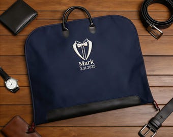 Custom Embroidered Oxford Suit Bag, Leather Handle Garment Bag, Groomsmen Gift