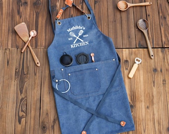 Personalized Bar Apron, Canvas Workshop Apron with Pockets, Custom Gift for Him, Embroidered Kitchen Apron, Barbeque Apron, Bartender Apron