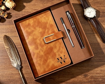 Libreta grabada personalizada con bolígrafo, juego de libretas de cuero, regalo de agradecimiento de fin de curso, bolígrafo a juego, regalos de graduación personalizados, regalo para un nuevo trabajo