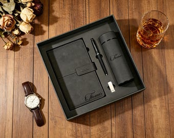 Juego de cuaderno de cuero grabado a medida con bolígrafo, cuaderno personalizado, regalo de graduación, regalo de agradecimiento de fin de año, regalo de Navidad para empleados