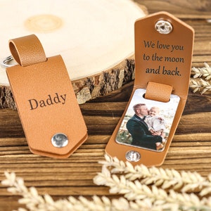 Personalized Mens Leather Keychain with Photo,Engraved key chain,Gifts for Dad,Metal Tag Photo Keychain,Anniversary Gifts for Him