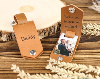 Personalized Mens Leather Keychain with Photo,Engraved key chain,Gifts for Dad,Metal Tag Photo Keychain,Anniversary Gifts for Him