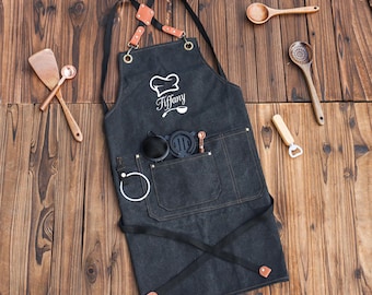 Personalized Bar Apron, Canvas Workshop Apron with Pockets, Custom Gift for Him, Embroidered Kitchen Apron, Barbeque Apron, Bartender Apron