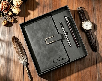 Cuaderno personalizado grabado con bolígrafo, regalo de agradecimiento de fin de año, juego de cuaderno de cuero, bolígrafo a juego, regalos de graduación personalizados, regalo para un nuevo trabajo