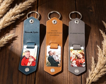Llavero con foto y etiqueta metálica, llavero de cuero personalizado para hombre con foto, llavero grabado, regalos de San Valentín para él, regalos de aniversario para él.