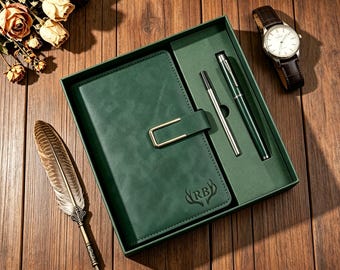 Juego de cuaderno y bolígrafo de cuero grabado a medida, regalo personalizado para graduación o nuevo trabajo.