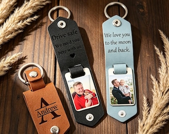 Personalized Mens Leather Keychain with Photo,Metal Tag Photo Keychain,Engraved key chain,Valentines Gifts for Him,Anniversary Gifts for Him