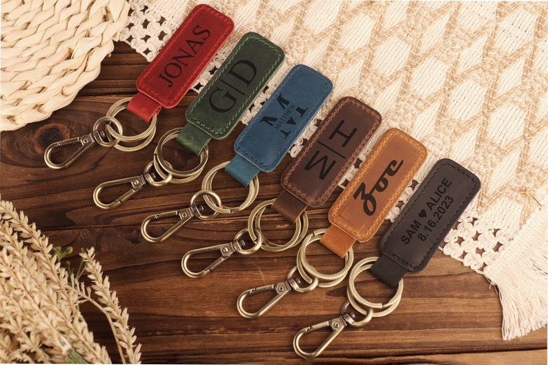Personalized Leather Keychain,Anniversary Gift,Customized Keychain, Engraved Leather Key Chain, Groomsmen Gift, Birthday Gift image 1
