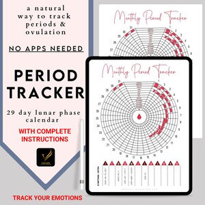 Può includere: Un tracker di periodo stampabile con un calendario lunare di 29 giorni. Il tracker è progettato per aiutare a tenere traccia dei periodi e dell'ovulazione. Il testo "Monthly Period Tracker" è in cima alla pagina. Il testo "Track Your Emotions" è in fondo alla pagina.