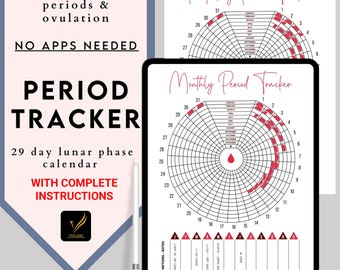 May include: A printable period tracker with a 29-day lunar phase calendar. The tracker is designed to help track periods and ovulation. The text "Monthly Period Tracker" is at the top of the page. The text "Track Your Emotions" is at the bottom of the page.