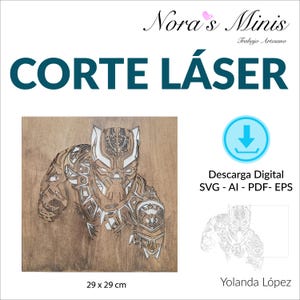 May include: Laser-cut wooden artwork of a Black Panther figure, with intricate layered details and white accents. The artwork is mounted on a square wooden panel, measuring 29 x 29 cm. The text "CORTE LÁSER" is displayed above the artwork.