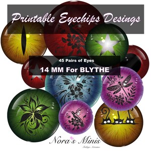 May include: A collection of 14 mm eyechips for Blythe dolls, featuring various designs. The eyechips have detailed patterns, including floral, star, and animal motifs. The text "Printable Eyechips Designs" and "45 Pairs of Eyes" are visible.
