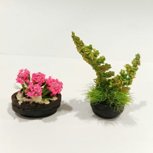 May include: Two miniature potted plants. One features bright pink flowers, the other has green foliage and grass. Both are in dark brown pots, set against a white background. These small plants are likely for a dollhouse or miniature display.