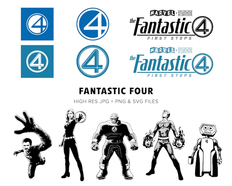 以下が含まれることがあります： ファンタスティック・フォーのグラフィックコレクション。ロゴとキャラクターイラストが含まれています。ロゴは、青と白の円の中に数字の4を表示しています。キャラクターイラストは白黒です。