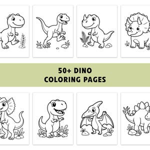 May include: A collection of eight black and white dinosaur illustrations on white backgrounds. The illustrations include various dinosaurs, each with unique features, and the text "50+ DINO COLORING PAGES" in black.