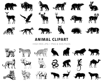 Animal Clipart - 150+ High Quality SVGs - Wild Animals - Clipart Bundle - Silhouettes, Minimal, Detailed - Digital Download