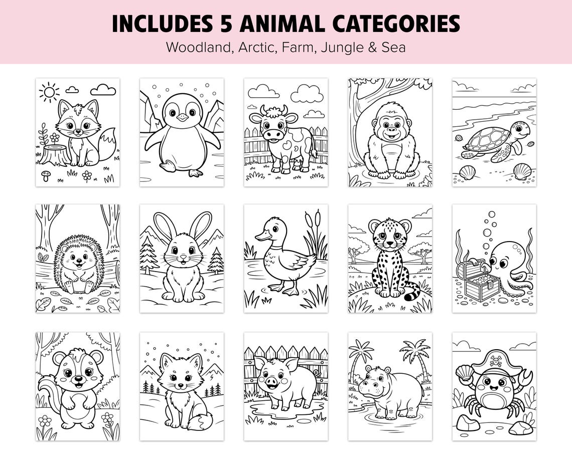 100 Animal Coloring Pages – Printable Coloring Book for Kids – Woodland ...