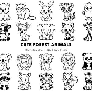 Könnte beinhalten: Schwarz-Weiß-Illustrationen verschiedener niedlicher Waldtiere, darunter ein Bär, ein Biber, ein Kaninchen, ein Gepard, ein Küken, eine Kuh, ein Reh, ein Elefant, ein Fuchs, eine Giraffe, ein Koala, ein Igel, ein Löwe, ein Panda, ein Waschbär, ein Nashorn, ein Tiger, ein Eichhörnchen und ein Zebra. Text: "Cute Forest Animals".