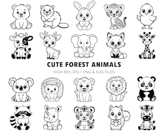 Cute Forest Animals SVG Bundle - 30+ Animal Designs - Kawaii, Woodland, Safari, Farm Animal Clipart - Doodle SVG Files - Digital Download
