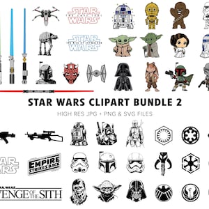 May include: A digital clipart bundle featuring Star Wars characters, symbols, and text. The bundle includes characters like Yoda, Darth Vader, and Chewbacca, as well as symbols like the Death Star and the Rebel Alliance logo. The text includes phrases like "Star Wars", "The Empire Strikes Back", and "Revenge of the Sith".