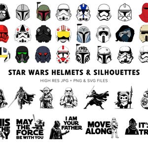 Star Wars casques & silhouettes - plus de 30 fichiers SVG de haute qualité - Bundle Star Wars - Clipart Star Wars - SVG Vader - Yoda SVG - téléchargement numérique