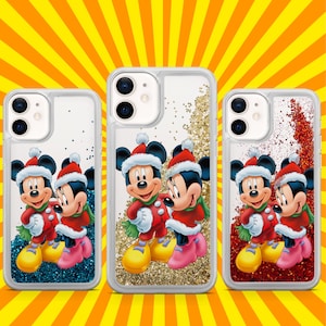 Kerstcadeau Aanwezig Disney Paar Transparante Vloeibare Glitter Telefoon Case Voor iPhone 16 Pro Max 15 14 13 12 11 X XS 8Plus 7 6 SE 2022