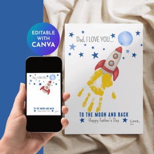 Cadeau Fête des Pères Empreinte – Carte Imprimable Fusée Lune, Je t’aime jusqu’aux étoiles, Téléchargement DIY pour Papa