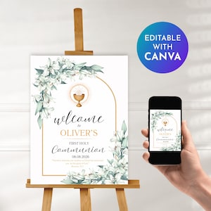 Cartel de Bienvenida Primera Comunión – Plantilla Editable de Canva con Lirio Blanco, Decoración Religiosa Digital para Niños y Niñas